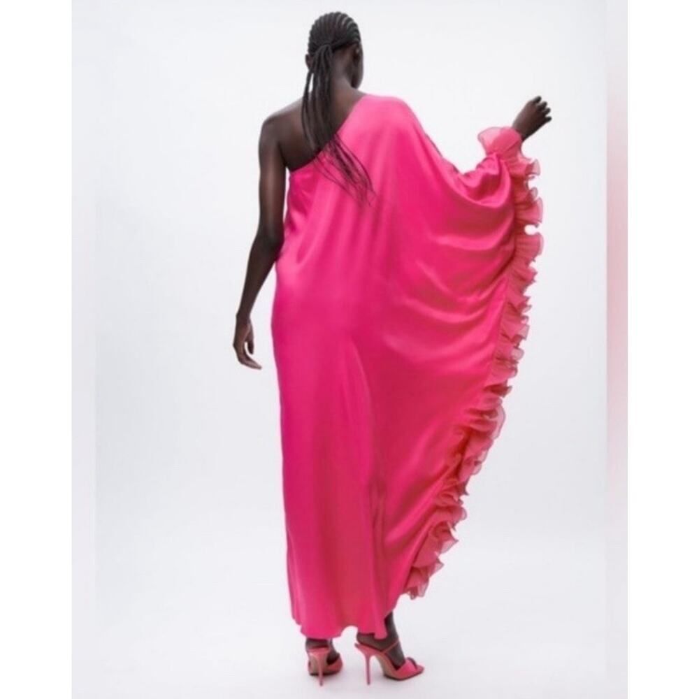 Zara Pink One-Shoulder Ruffled Maxi Dress NWT XS/S Relaxed Fit Asymmetric
